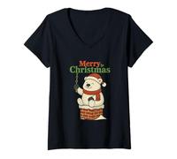 Femme T-Shirt Père Noël Drôle Pooping Down Chimney Ours Polaire T-Shirt avec Col en V