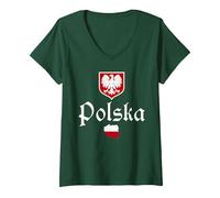Femme T-Shirt Pologne pour Cadeau Polska Pologne Varsovie Drapeau T-Shirt avec Col en V, Vert Forêt, L