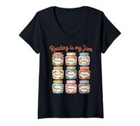 Femme T-Shirt pour Amoureux du Livre Cottagecore Reading is My Jam T-Shirt avec Col en V