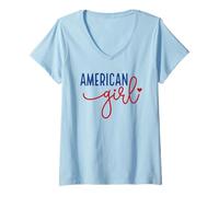 Femme T-shirt rouge blanc bleu American Girl Cute Patriotic 4th of July T-Shirt avec Col en V