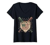 Femme T-Shirt Softball Drip Camo - Drapeau USA Home Plate Patriotique T-Shirt avec Col en V