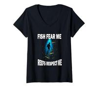 Femme T-Shirt Spearfishing Plongée Fish Fear Me Reefs Respect Me T-Shirt avec Col en V
