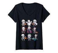 Femme T-Shirt Squelette d'halloween - Groupe de Costumes effrayants Mignons T-Shirt avec Col en V