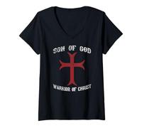 Femme T-Shirt Templier « Son of God Warrior of Christ » T-Shirt avec Col en V