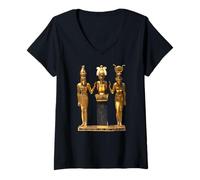 Femme T-Shirt Trinité égyptienne dorée Horus Osiris et Isis Statue T-Shirt avec Col en V