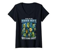 Femme T-Shirt Vintage avec Inscription « This is My Horror Movie Watching Shirt » T-Shirt avec Col en V
