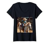 Femme T-Shirt Western Amusant Cowboy Kitty Rodeo Riding T-Shirt avec Col en V