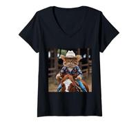 Femme T-shirt western drôle avec chat Cowboy Kitty In The Corral T-Shirt avec Col en V