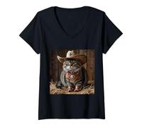 Femme T-shirt western drôle pour chat Cowboy Kitty In The Barn T-Shirt avec Col en V