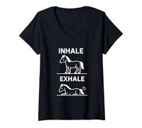Femme T-Shirt Yoga Drôle Inhale Exhale Animal Méditation Cheval T-Shirt avec Col en V