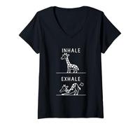 Femme T-Shirt Yoga Drôle Inhale Exhale Animal Méditation Girafe T-Shirt avec Col en V