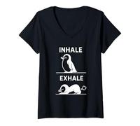 Femme T-Shirt Yoga Drôle Inhale Exhale Animal Méditation Manchot T-Shirt avec Col en V