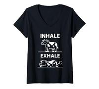 Femme T-Shirt Yoga Drôle Inhale Exhale Animal Méditation Vache T-Shirt avec Col en V