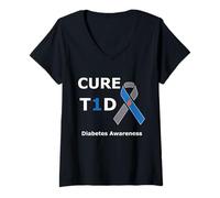 Femme T1D Cure Type 1 Diabetes Awareness Blue Ribbon Diabetic T-Shirt avec Col en V