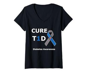 Femme T1D Cure Type 1 Diabetes Awareness Blue Ribbon Diabetic T-Shirt avec Col en V