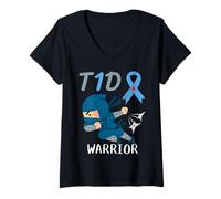Femme T1D Warrior Ninja Fighter Type 1 Diabète Ruban Bleu Enfants T-Shirt avec Col en V