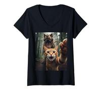 Femme Tabby Cat Selfie Escape from Dinosaur Funny for Teens Adults T-Shirt avec Col en V