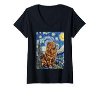 Femme Tableau Chow Chow Chien Van Gogh Nuit étoilée T-Shirt avec Col en V