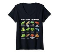 Femme Tableau de Dessin animé Reptiles of The World Lézard Serpent Tortue T-Shirt avec Col en V