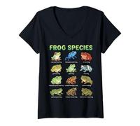 Femme Tableau des Noms d'espèces de Grenouilles pour Enfants, Guide d'apprentissage Grenouilles Mignonnes T-Shirt avec Col en V