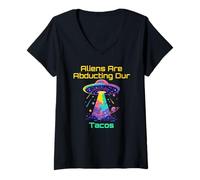 Femme Tacos Lover Humour avec Alien UFO Abduction VIbes Meme T-Shirt avec Col en V