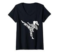 Femme Taekwondo Girl High Kick Floral Arts Martiaux Femmes Karaté T-Shirt avec Col en V