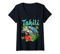 Femme Tahiti Polynésie Française Colibri Tortue Fleurs Tropicales T-Shirt avec Col en V