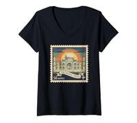 Femme Taj Mahal India Timbre Postage Vintage 50 roupies Voyage rétro T-Shirt avec Col en V