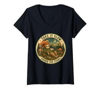 Femme Take It Slow Under The Stars Paresseux Champignon Camping T-Shirt avec Col en V