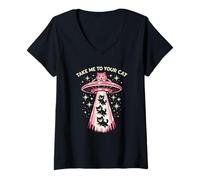 Femme Take Me to Your Cat Retro UFO Alien Humour Space Art SciFi Go T-Shirt avec Col en V
