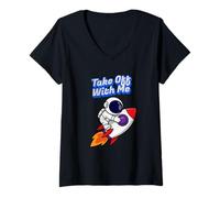 Femme Take Off with Me Rocket Flying T-Shirt avec Col en V