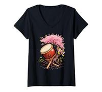 Femme Tambour Taiko Avec Arbre En Fleurs Percussion Japonaise T-Shirt avec Col en V