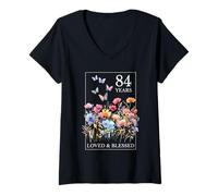 Femme Tampon 84 Years Loved Blessed Papillon Fleur 84ème Anniversaire T-Shirt avec Col en V