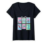 Femme Tampons sous-marins Poisson Tortue Hippocampe Fun T-Shirt avec Col en V