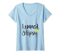 Femme Tanned and Tipsy Funny Summer Party Dire Humour T-Shirt avec Col en V