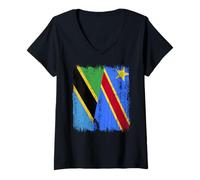 Femme Tanzanie Congo Demi Drapeau Tanzanie Congolaise Pride Jersey T-Shirt avec Col en V