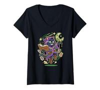 Femme Tarot Fortune Teller Crescent Black Cat Moon Key T-Shirt avec Col en V