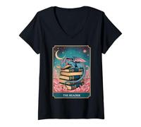 Femme Tarot The Reader Mystic Book Dragon Moonlit Fantasy Art T-Shirt avec Col en V