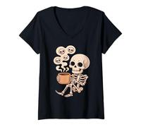 Femme Tasse à café Squelette Mignon drôle crâne T-Shirt avec Col en V