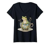 Femme Tasse à thé vintage en forme de grenouille avec fleurs et amphibiens T-Shirt avec Col en V