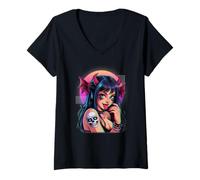 Femme Tatouage Anime Demon Girl avec Cornes et crâne Style Glitch T-Shirt avec Col en V