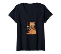 Femme Tatouage Chat samouraï avec Katana Koi Japonais T-Shirt avec Col en V