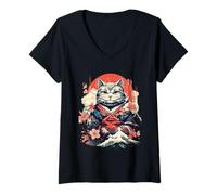 Femme Tatouage de Chat Japonais rétro samouraï Graphique Ninja Kawaii T-Shirt avec Col en V