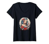 Femme Tatouage de Pin Up Girl | American Traditional Tattoo T-Shirt avec Col en V
