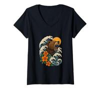 Femme Tatouage Floral Motif Ours Rugissant océan Vague T-Shirt avec Col en V
