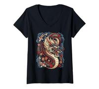 Femme Tatouage Japonais Dragon Koi Poisson Sakura Design esthétique T-Shirt avec Col en V