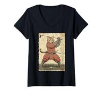 Femme Tatouage Japonais Vintage Chat samouraï Joueur de Golf T-Shirt avec Col en V