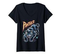 Femme Tatouage Retro Black Panther Cosmique Années 80 Chat Léopard Jaguar T-Shirt avec Col en V