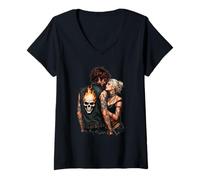 Femme Tatouage Vintage Gothique Motard Couple crâne Flamboyant Art T-Shirt avec Col en V