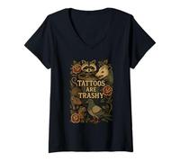 Femme Tatouage Vintage Humour Trash Animaux Anti Encre Trash Tatouages T-Shirt avec Col en V